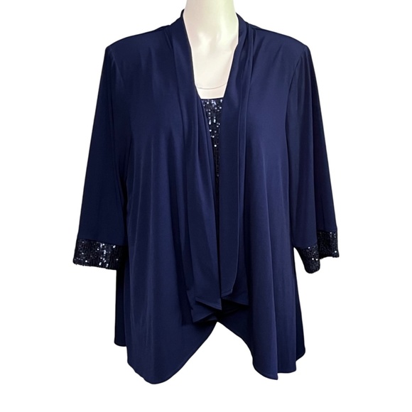 ALEX EVENINGS Size 1X Navy Blue Sequin Tank Top Cascade Jacket Dressy Twinset - Picture 11 of 11